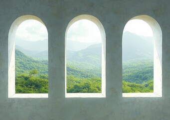 View of lush green forested mountains through three large arched windows with soft natural light and a peaceful atmosphere