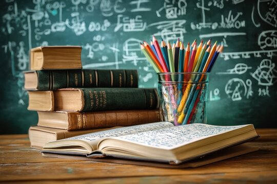 Stack of old books next to an open handwritten notebook and a glass jar filled with colorful sharpened pencils in front of a chalkboard covered in scientific formulas and diagrams