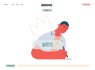 Writing people, modern flat vector concept illustration- sitting woman thoughtfully writing on paper, bubble near head Metaphor for reflection, personal insight, contemplation, creative expression