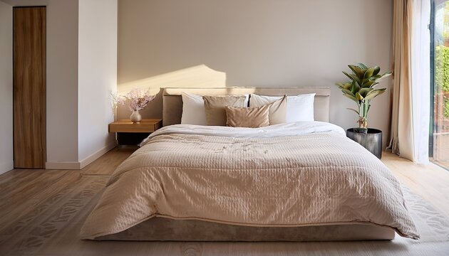 a freshly made bed with a light beige bedspread neatly folded at the foot and ample space on all sides for copy