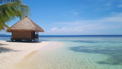 Tropical Beachfront Bungalow: Serene Ocean View and Palm Shadow
