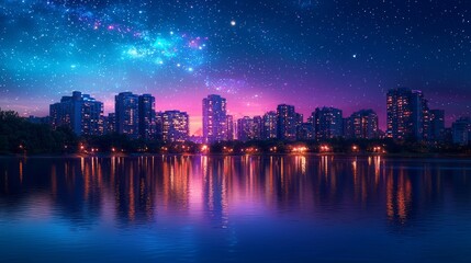 Fototapeta premium Vibrant Cityscape at Dusk with Reflections on Calm Water Surface