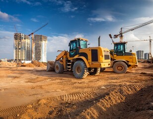 Obraz premium busy construction site with heavy machinery in action