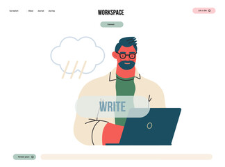 Writing people, modern flat vector concept illustration- sitting man thoughtfully writing on laptop, bubble near head Metaphor for reflection, personal insight, contemplation, creative expression