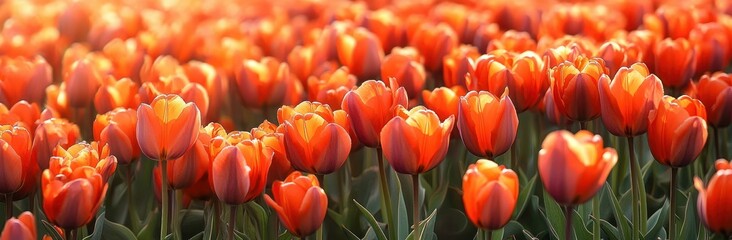 Vibrant field of glowing orange tulips bathed in warm sunlight with green stems and leaves under soft focus background