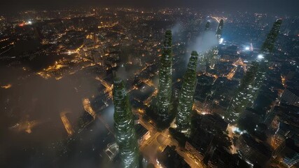 An aerial view of a bustling cityscape dotted with vertical farming towers each illuminated in the evening