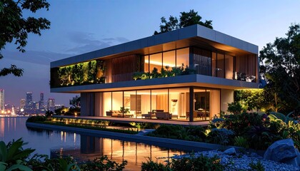 Fototapeta premium Modern Lakeside Villa Glowing Evening Oasis Near Cityscape.