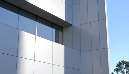 Modern Facade Architecture with Reflective Window and Blue Sky.