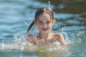 smiling young girl playing and splashing water joyfully in a calm body of water on a sunny day