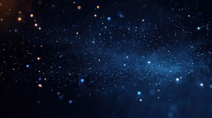Abstract dark background with glowing blue and orange particles scattered like stars in a deep space or cosmic dust effect evoking mystery and wonder