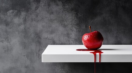 A single, red, wet apple sits on a white shelf against a dark gray textured wall, with a crimson liquid dripping from it onto the shelf