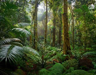 serene panoramic rainforest landscape with diverse flora and towering trees