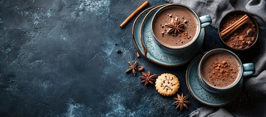 Two mugs of spiced hot chocolate rest on teal saucers atop a dark blue textured surface, surrounded by star anise, cinnamon sticks, cocoa powder, and a biscuit
