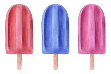 Hand drawn illustration of watercolor ice pop fruit bars in different colours and assorted tastes, isolated on white background. 