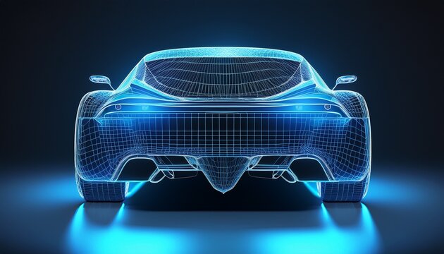 detailed 3d wireframe rendering of a blue sports car against a dark background from rear view