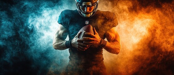 American football player in full gear holding ball with intense focus surrounded by blue and orange smoke