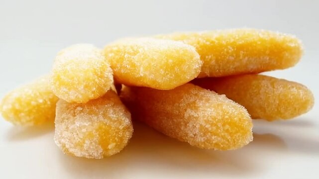 Pile of Frozen Yellow Cassava Sticks on White Surface for Culinary Projects and Advertisements