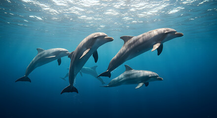 Fototapeta premium Dolphins Swimming Together Underwater