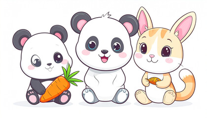 Naklejka premium Three adorable cartoon animals ? a panda, a panda cub, and a bunny rabbit ? sit together, each holding a carrot, against a plain white background. They have large eyes and friendly expressions