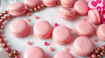 Obraz premium Delightful pink macarons arranged appealingly with decorative beads on a soft surface ready for a celebration