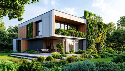 Modern EcoHouse NatureEmbraced Architecture in Lush Green Garden.