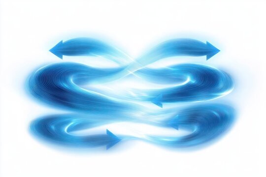 Abstract flowing blue lines intertwining with glowing light and arrows pointing in multiple directions conveying motion and energy