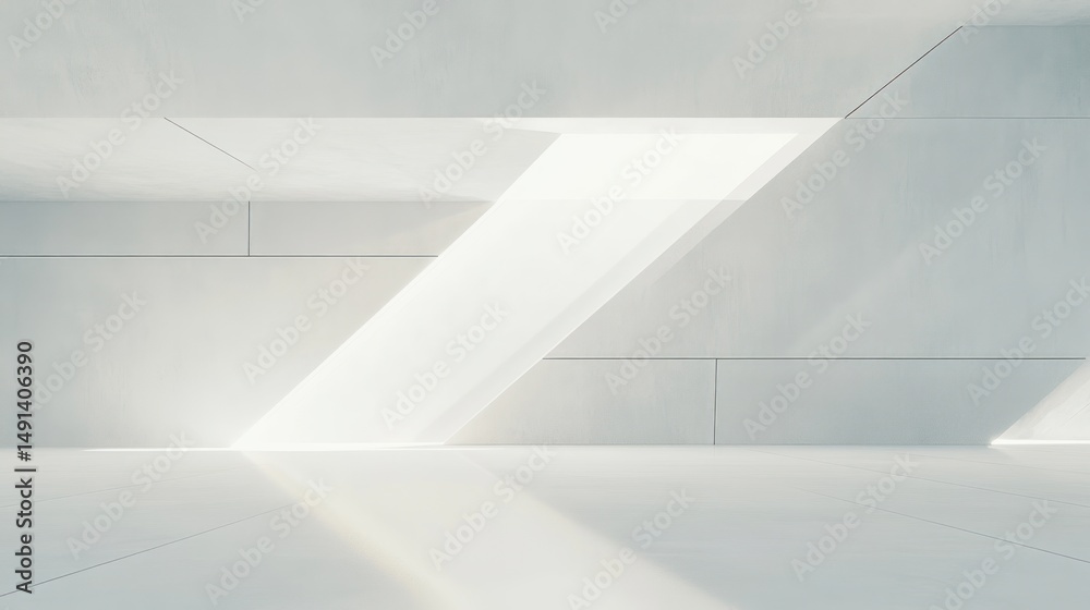 Aufkleber Bright minimalist interior space with angled skylight creating geometric shadows on smooth white walls and floor