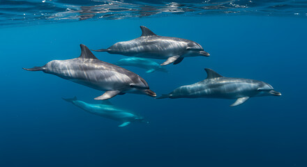 Fototapeta premium Dolphin Group Underwater Swimming Together