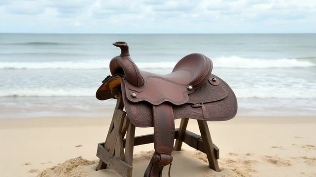 very old horse saddle on sand beach