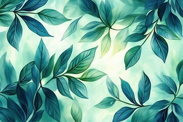 Fototapeta premium abstract pattern of green and teal leaves spread across a soft gradient background creating a calming botanical design