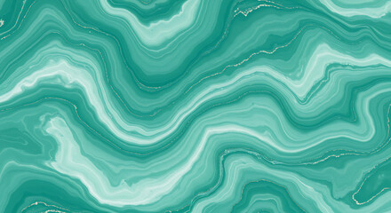 Fototapeta premium Teal Green Agate Marble Pattern with Flowing Liquid Waves and Silver Glitter Texture