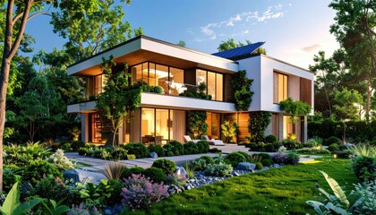 Fototapeta premium Modern Villa in Lush Greenery Luxury Living at Sunset.