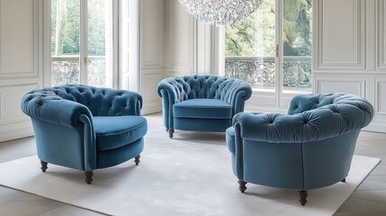 Elegant, tufted armchairs arranged in a spacious room.