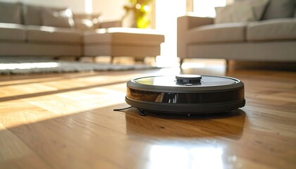 Robotic vacuum cleaner in modern living room home cleaning equipment bright environment close-up