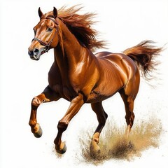 Obraz premium Powerful chestnut horse galloping energetically with flowing mane and tail kicking up dust on a white background