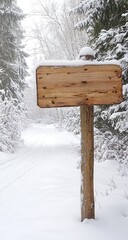 Snowy Forest Pathway with Wooden Sign Post in Winter Landscape Scenery