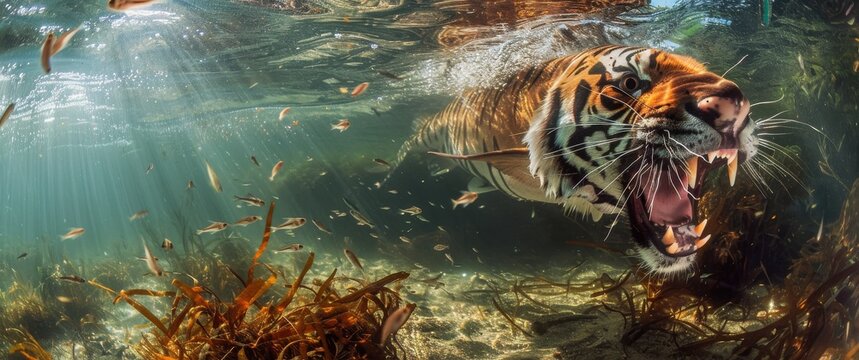 Murky river predator Tiger fish hunts, razor teeth flash, light beams through water, scattering fish, submerged vegetation hides danger.