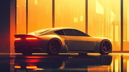 Futuristic car parked near windows overlooking a city at sunset