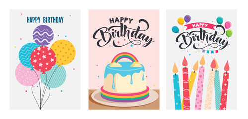 Happy birthday greeting clipart poster set. Birthday wishes and invitation card clip art with colorful balloons, cake and candles drawing party elements collection vector illustration. 
