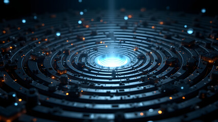 Hypnotic concentric circles with reverse-spiral connectors, RF antenna-inspired energy vortex in silver/blue.