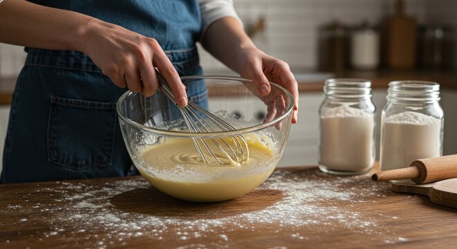 Woman baking cake mixing ingredients in glass bowl on wooden table