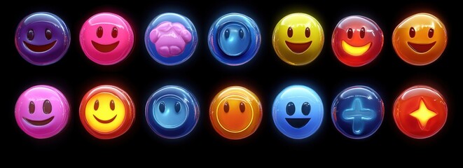 Two rows of colorful, glossy 3D smiley face icons with various expressions and symbols on a black background, radiating a cheerful and playful vibe