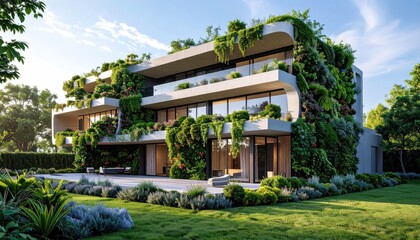 Fototapeta premium Green Oasis Modern Villa with Lush Vertical Gardens in Sunny Setting.