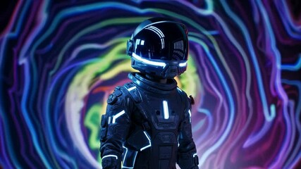 Generative AI: Futuristic astronaut in glowing LED spacesuit confronts a swirling neon cosmic vortex, embodying advanced space exploration and vibrant abstract energy. - Powered by Adobe