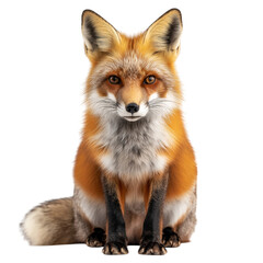 Fototapeta premium Front view of a red fox isolated on white background, realistic close-up showcasing vivid fur color and sharp facial features, perfect for wildlife, nature, predator, and forest animal concepts