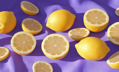 Fresh bright yellow lemons whole and halved arranged on a smooth purple fabric creating a vibrant contrast and fresh atmosphere