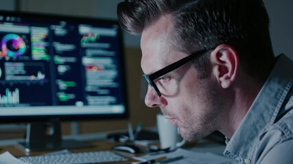 Serious businessman wearing glasses, engrossed in analyzing complex data visualizations and financial reports on his computer late at night, showcasing dedication and focus1 - Powered by Adobe