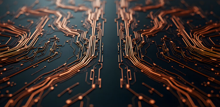 Elegant branching circuit traces mirror organic growth patterns with liquid metal effects on dark tech backgrounds.