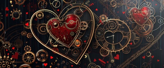 Steampunk Valentine's design mechanical hearts gears clockwork details Victorian ornaments precise technical drawing style blur.