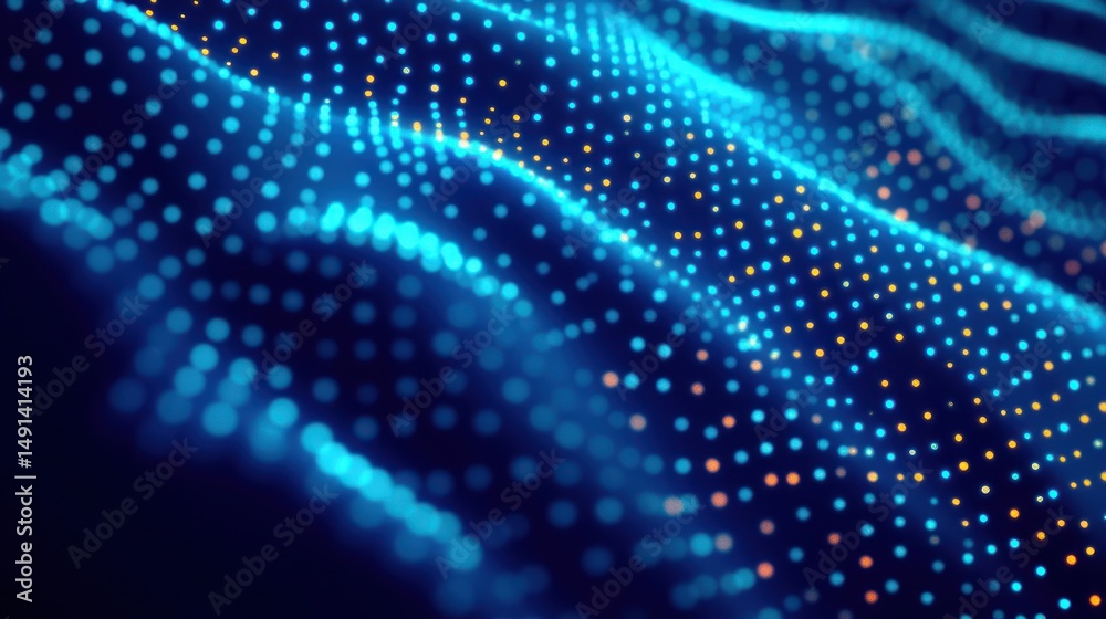 Poster abstract digital wave composed of glowing blue and orange dots forming a flowing dynamic grid patter